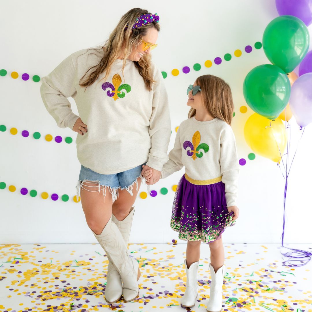Mardi Gras Fleur De Lis Patch Adult Sweatshirt - Natural