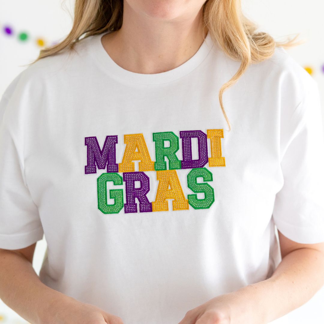 Mardi Gras Patch Adult Short Sleeve T-Shirt - White