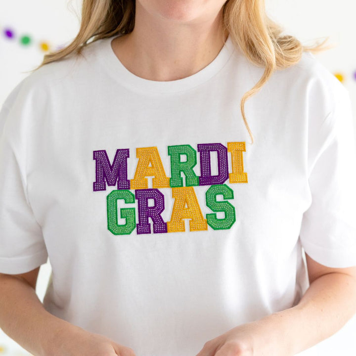 Mardi Gras Patch Adult Short Sleeve T-Shirt - White