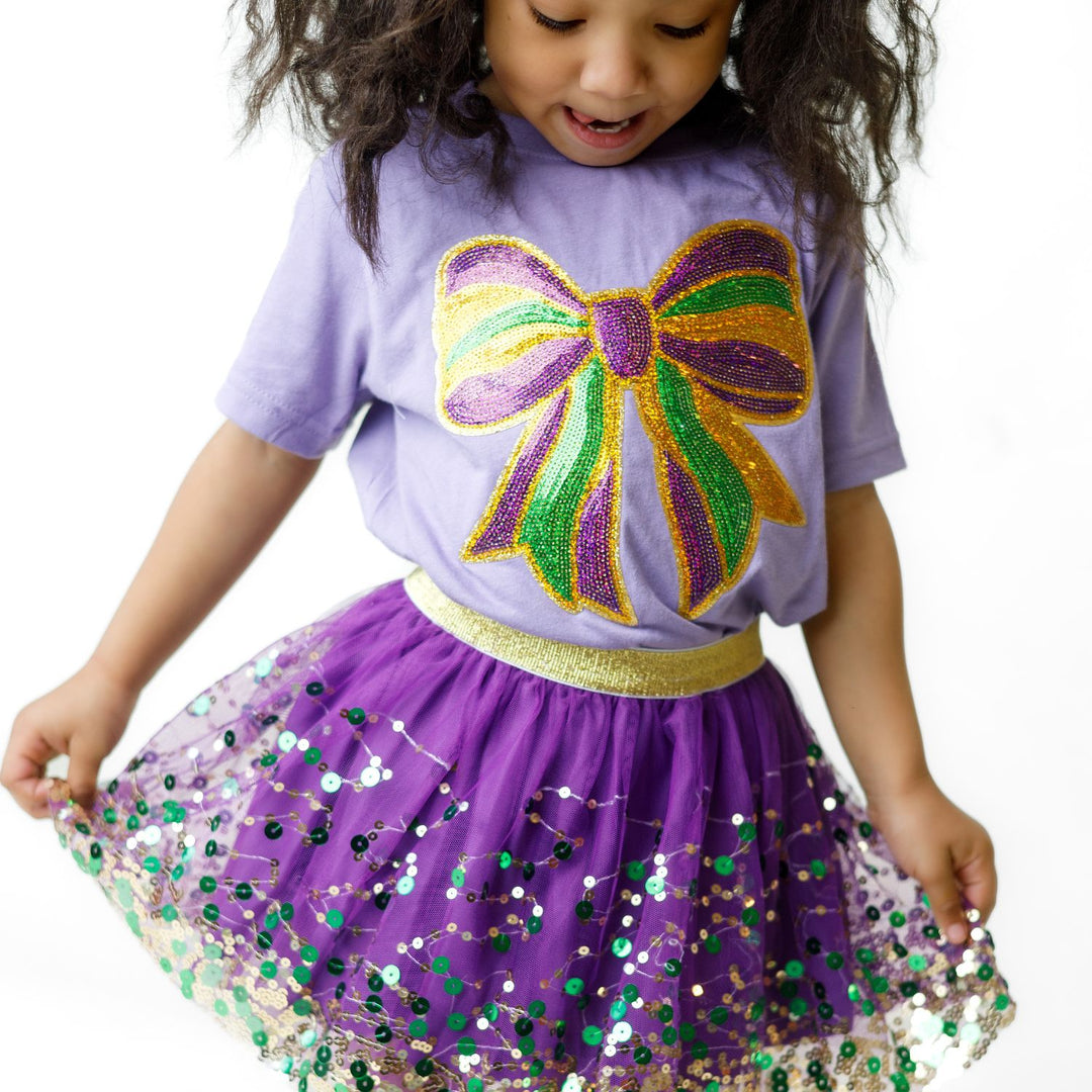 Mardi Gras Sequin Bow Patch Short Sleeve T-Shirt