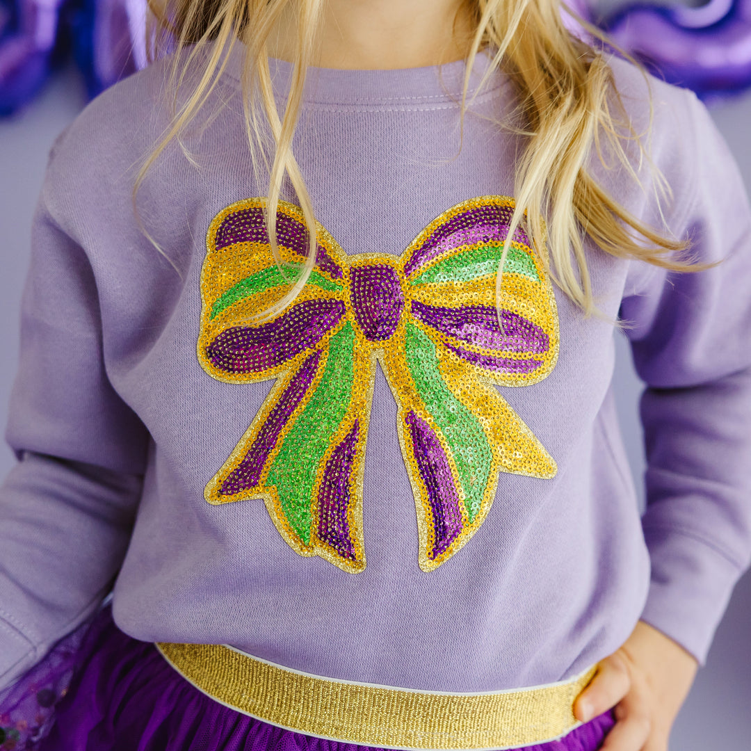Mardi Gras Sequin Bow Patch Sweatshirt - Lavender
