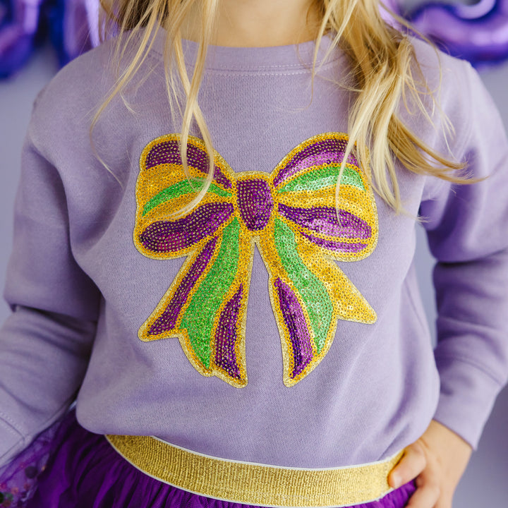 Mardi Gras Sequin Bow Patch Sweatshirt - Lavender
