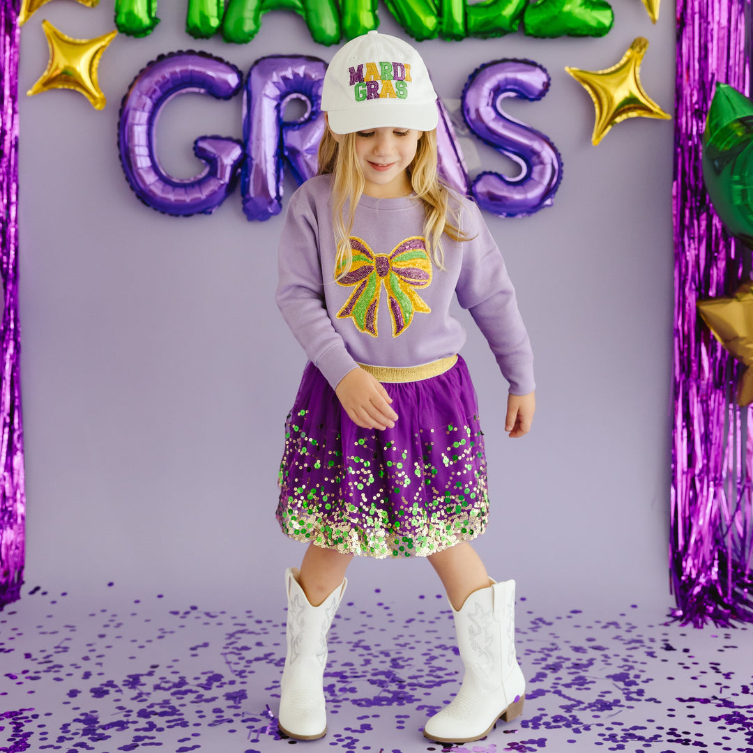 Mardi Gras Sequin Bow Patch Sweatshirt - Lavender