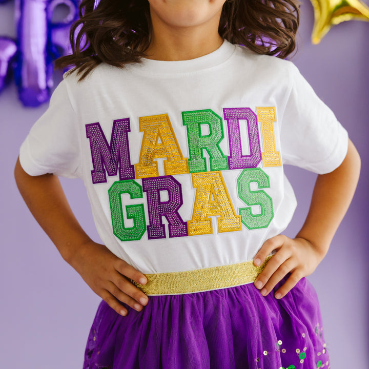 Mardi Gras Sequin Patch Short Sleeve T-Shirt - White