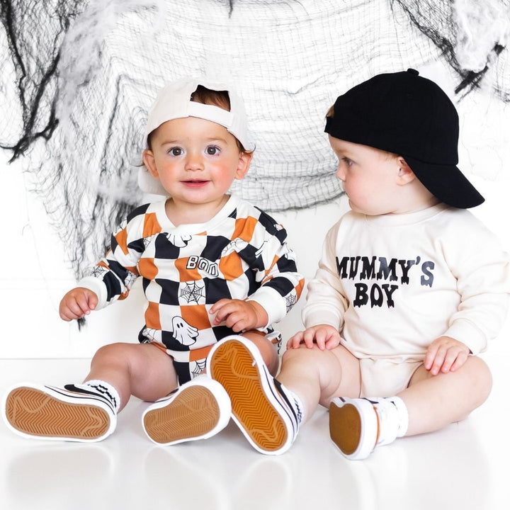 Boo Checkered Halloween Long Sleeve Romper - Natural