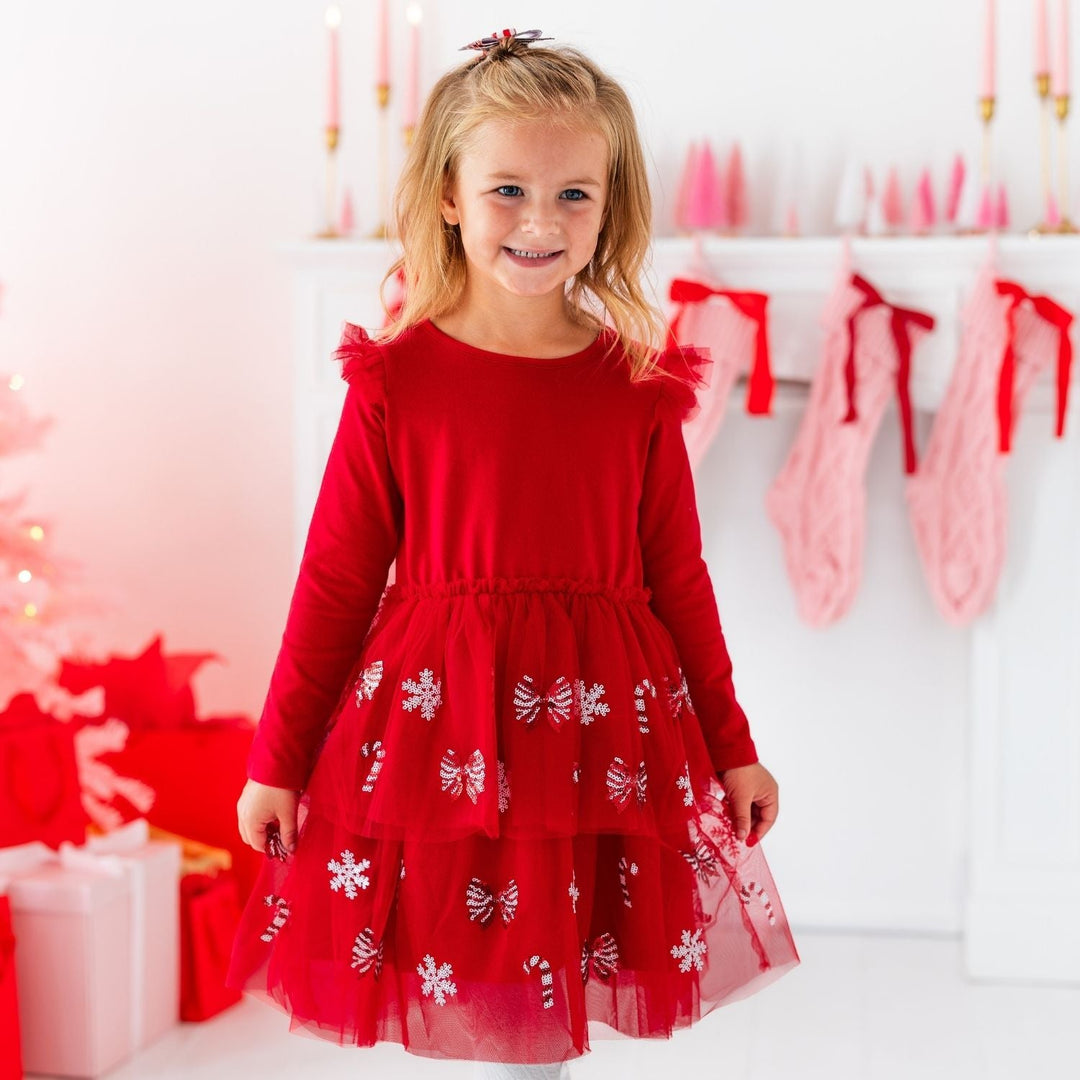 Peppermint Swirl Sequin Christmas Long Sleeve Tutu Dress
