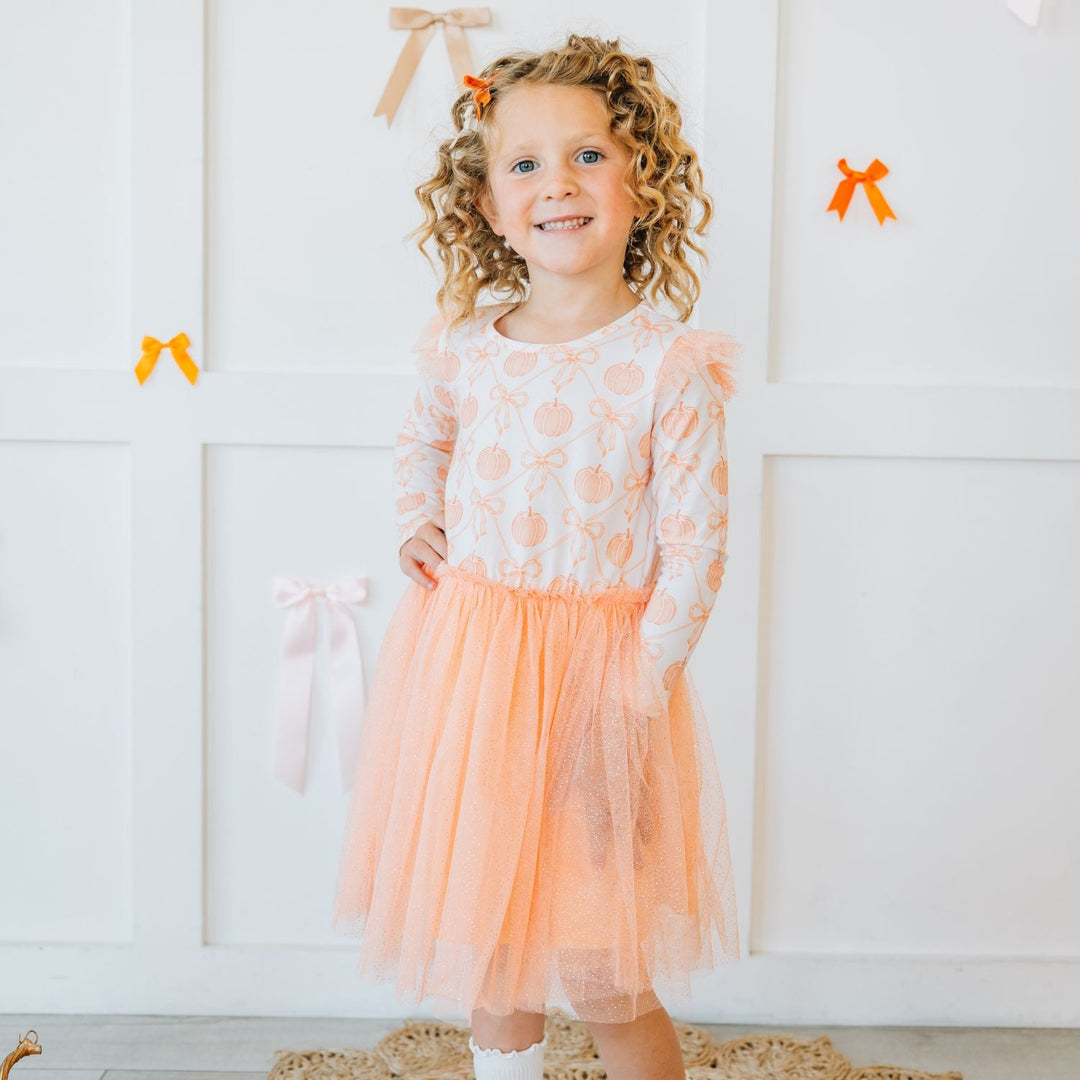 Pumpkin Bow Trellis Long Sleeve Tutu Dress
