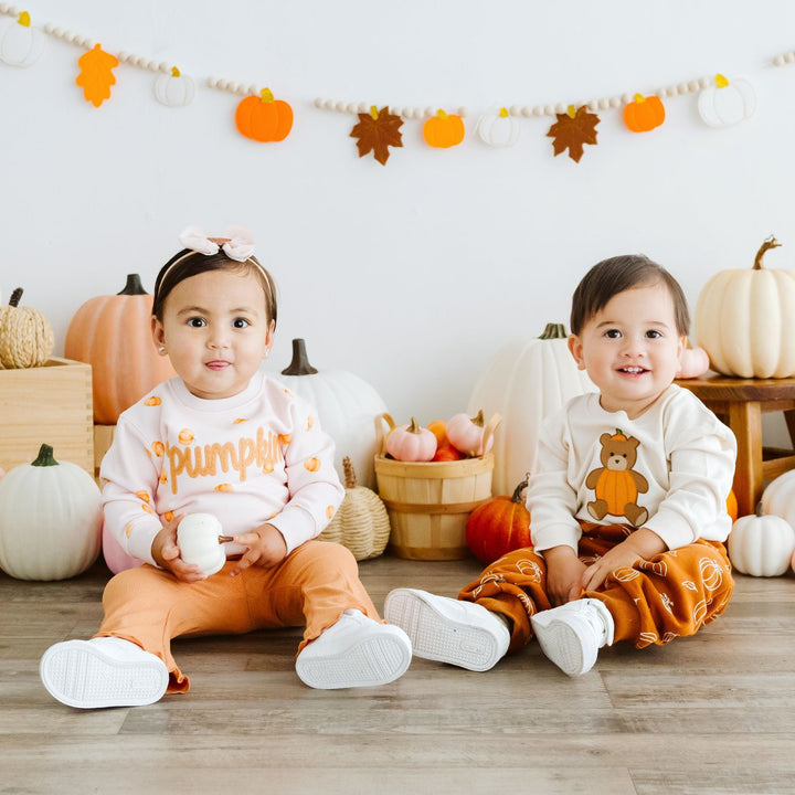 Pumpkin Teddy Bear Patch Long Sleeve Romper
