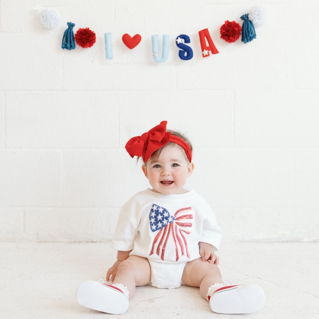Patriotic Sequin Bow Patch Short Sleeve Romper - White