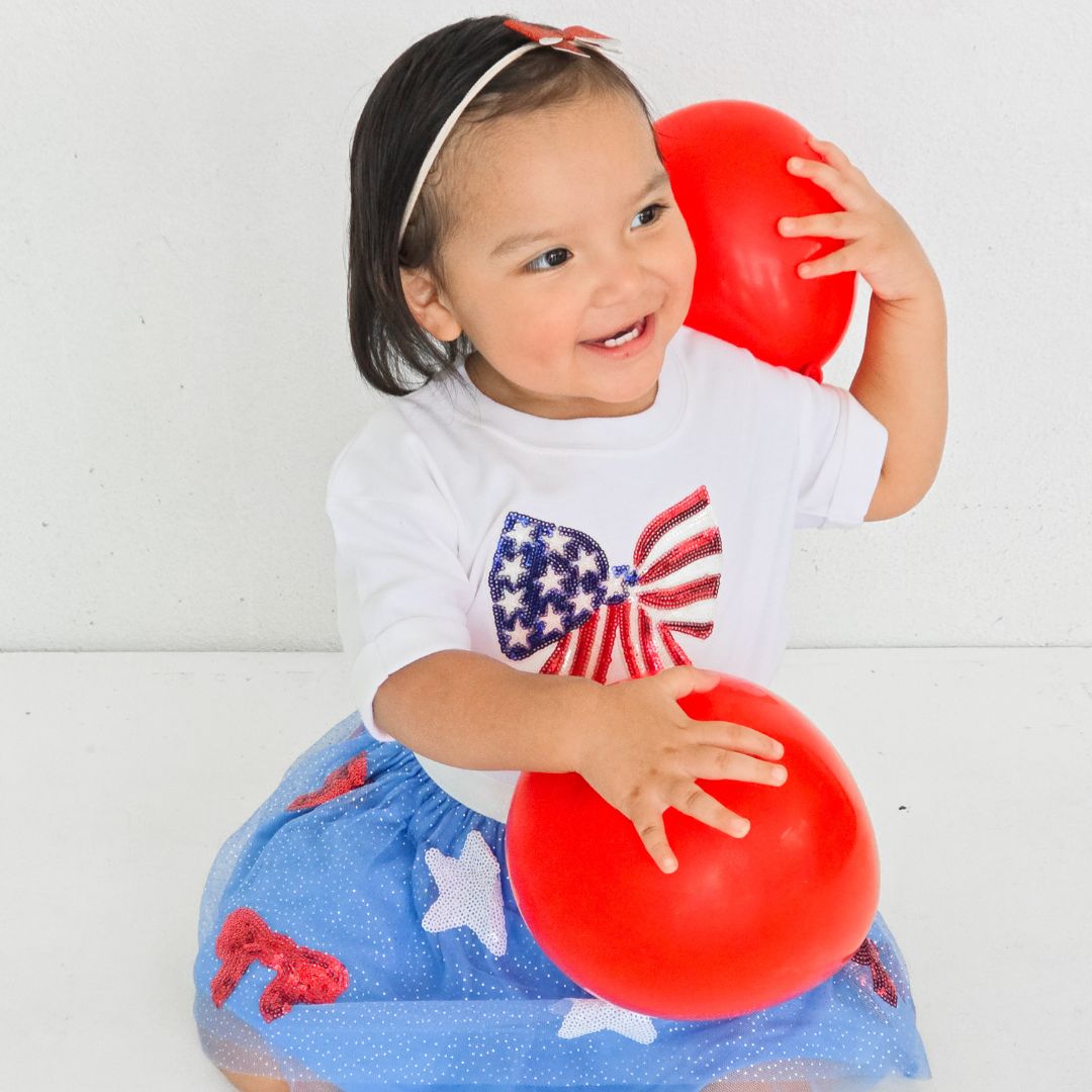 Patriotic Sequin Bow Patch Short Sleeve Romper - White