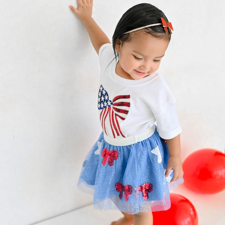 Patriotic Sequin Bow Patch Short Sleeve Romper - White