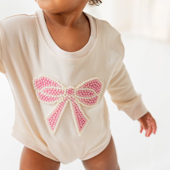 Pearl Bow Patch Long Sleeve Romper - Natural
