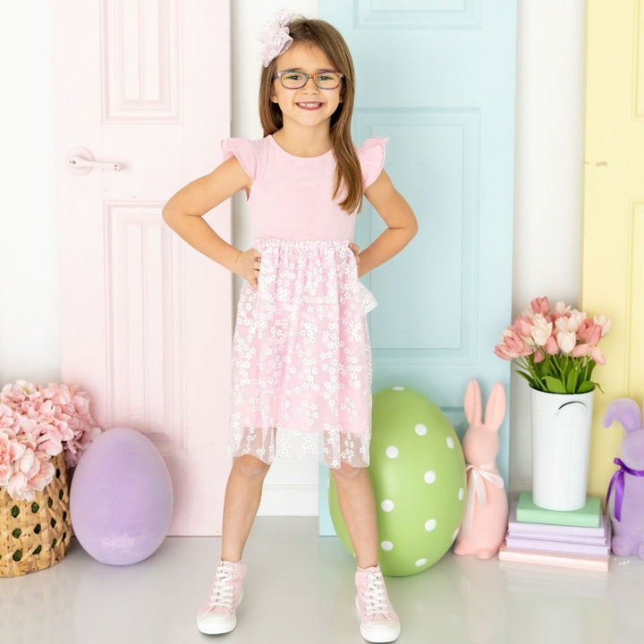 Pink Ditsy Daisy Easter Tulle Bow Clip