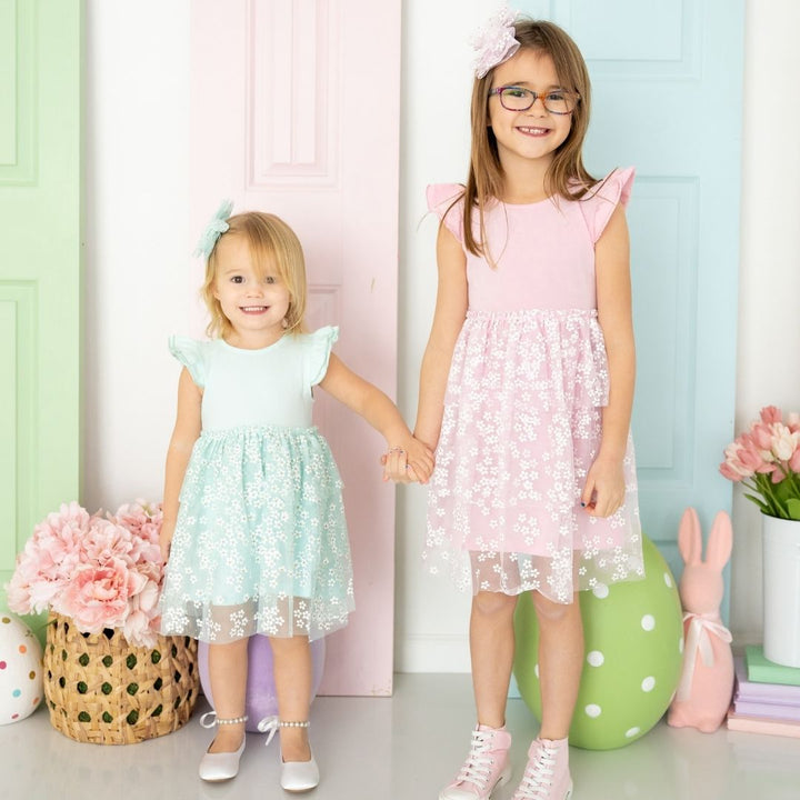 Aqua Ditsy Daisy Easter Tulle Bow Clip
