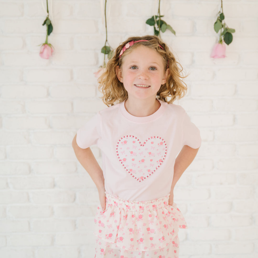 Dainty Rose Pearl Heart Patch Short Sleeve T-Shirt - Ballet