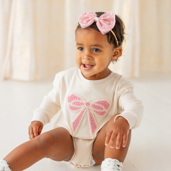 Pearl Bow Patch Long Sleeve Romper - Natural