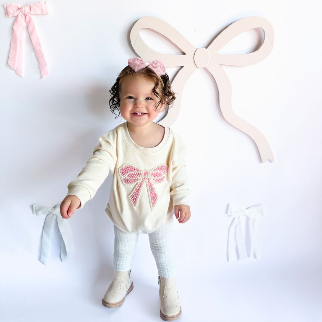 Pearl Bow Patch Long Sleeve Romper - Natural