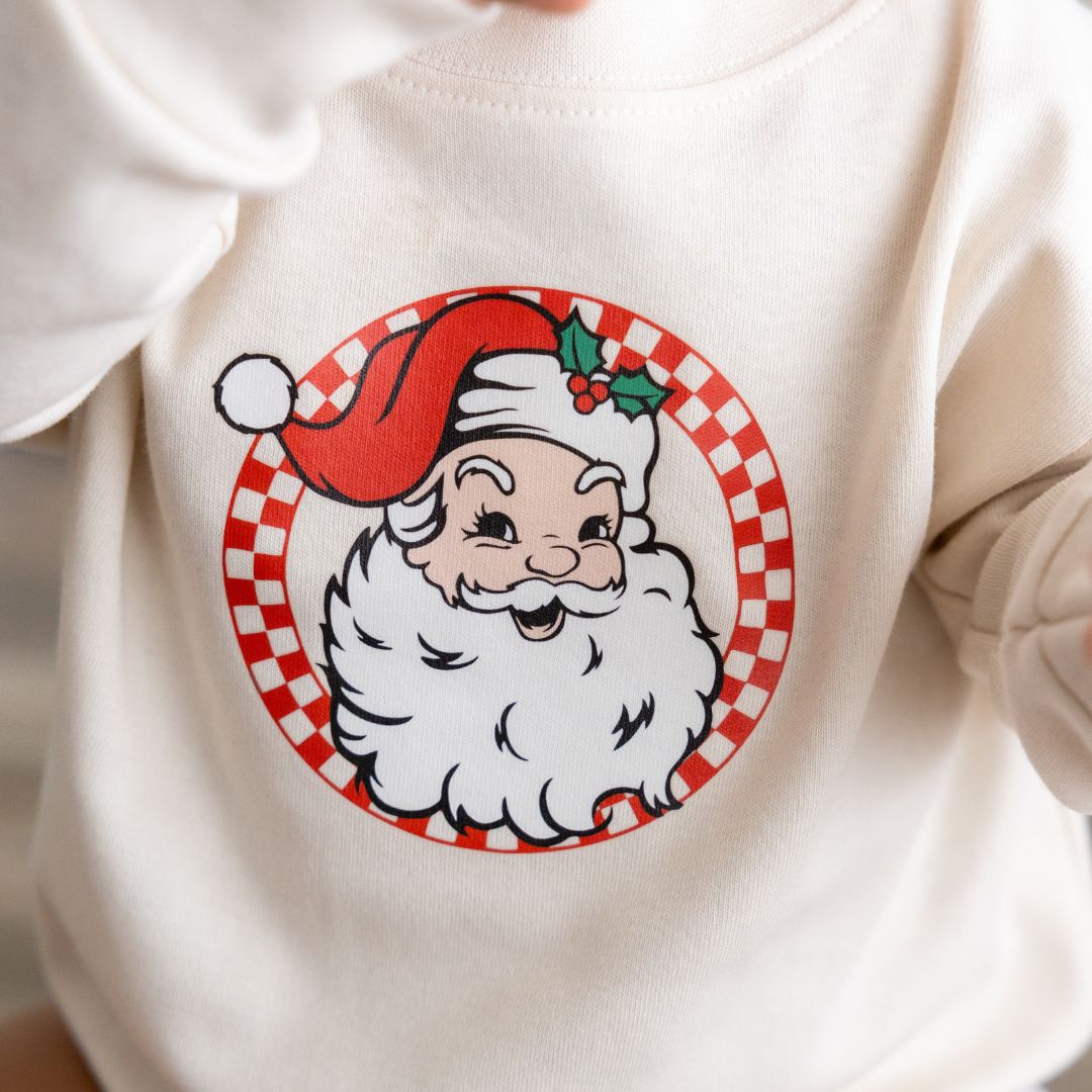 Retro Santa Christmas Long Sleeve Romper - Natural