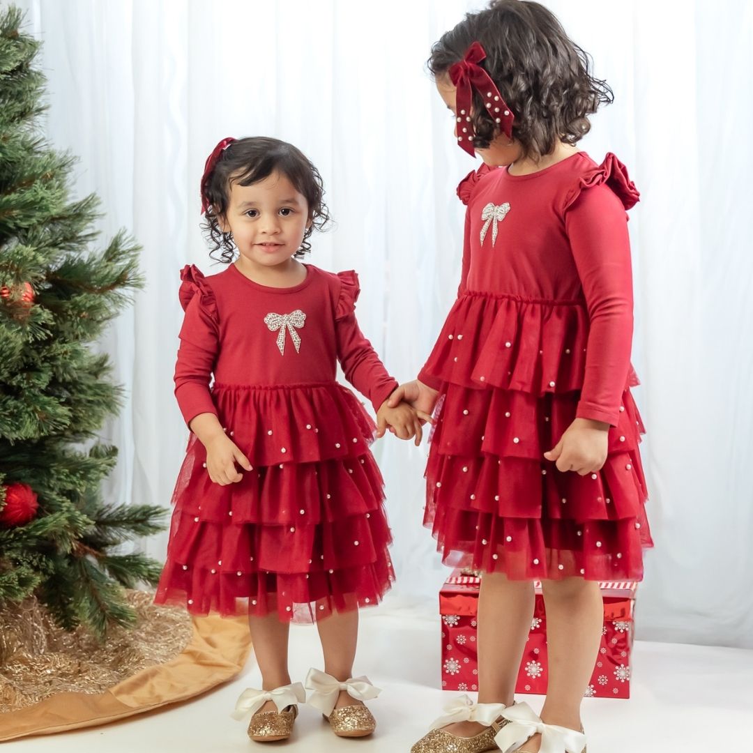 Sweet Wink Toddler Girls Christmas Pearl Long Sleeve Tutu Dress - Ruby Red