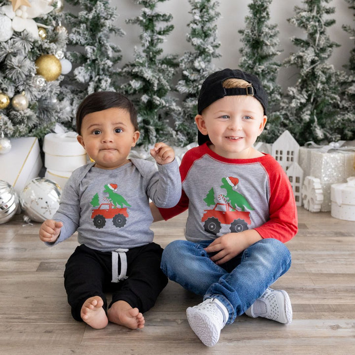 Santa Dino Monster Truck Christmas Long Sleeve Bodysuit - Gray