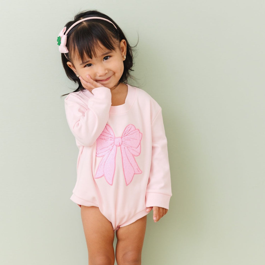 Pink Bow Sequin Patch Long Sleeve Romper - Ballet