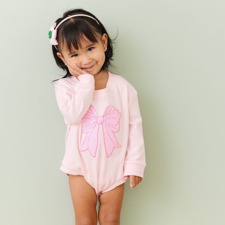 Pink Bow Sequin Patch Long Sleeve Romper - Ballet