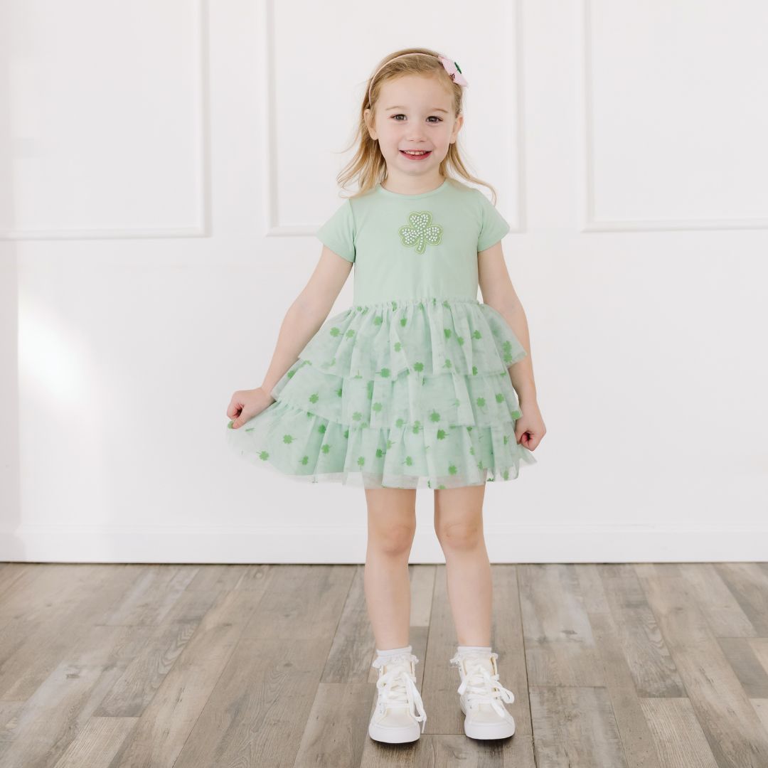 Flocked Shamrock St. Patrick's Day Tiered Short Sleeve Tutu Dress
