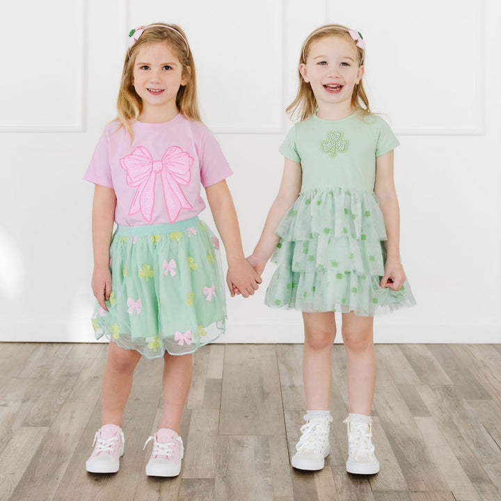 Flocked Shamrock St. Patrick's Day Tiered Short Sleeve Tutu Dress