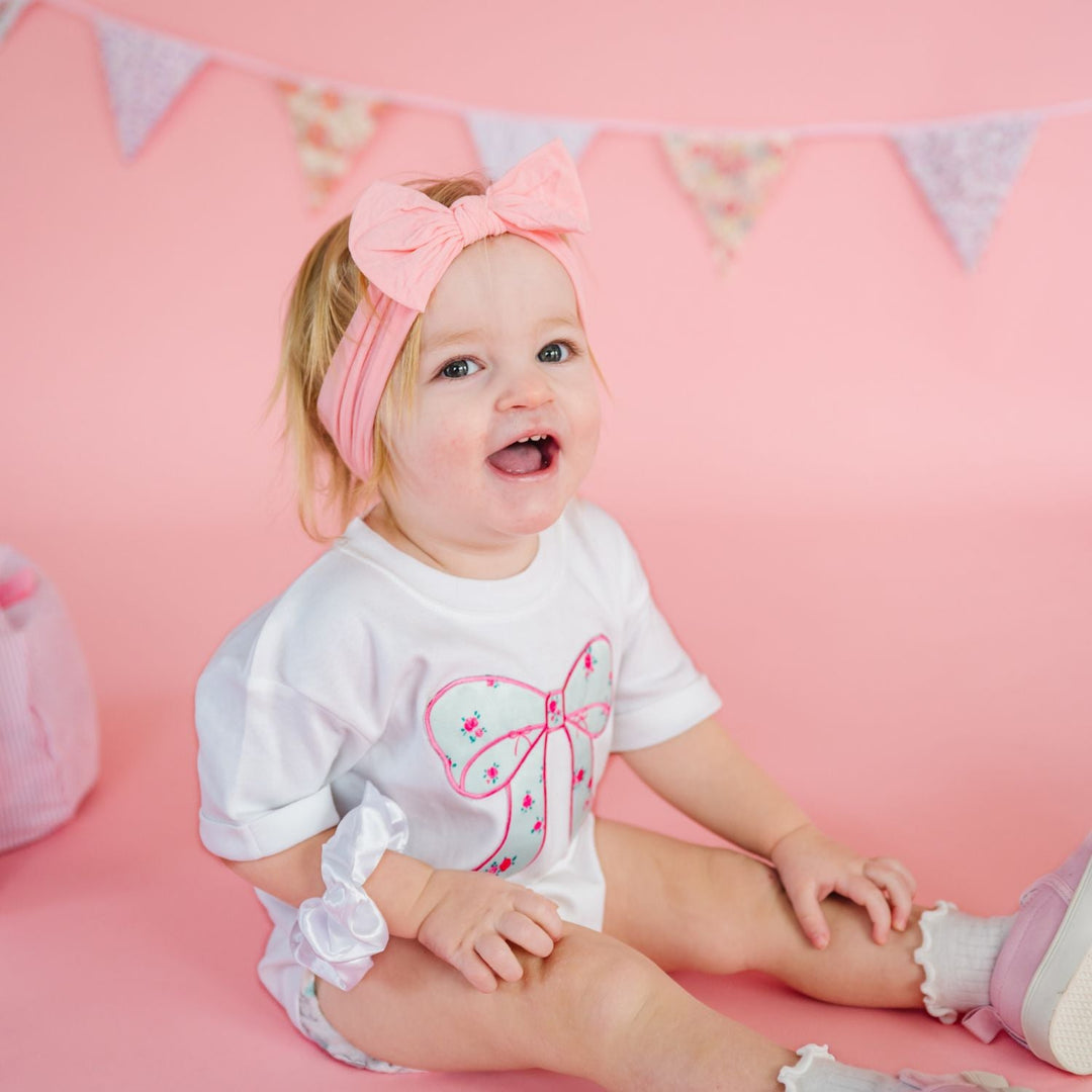 Sky Blue Floral Bow Patch Short Sleeve Romper