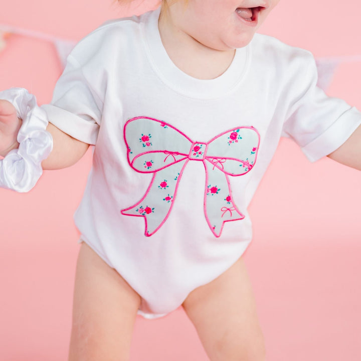 Sky Blue Floral Bow Patch Short Sleeve Romper