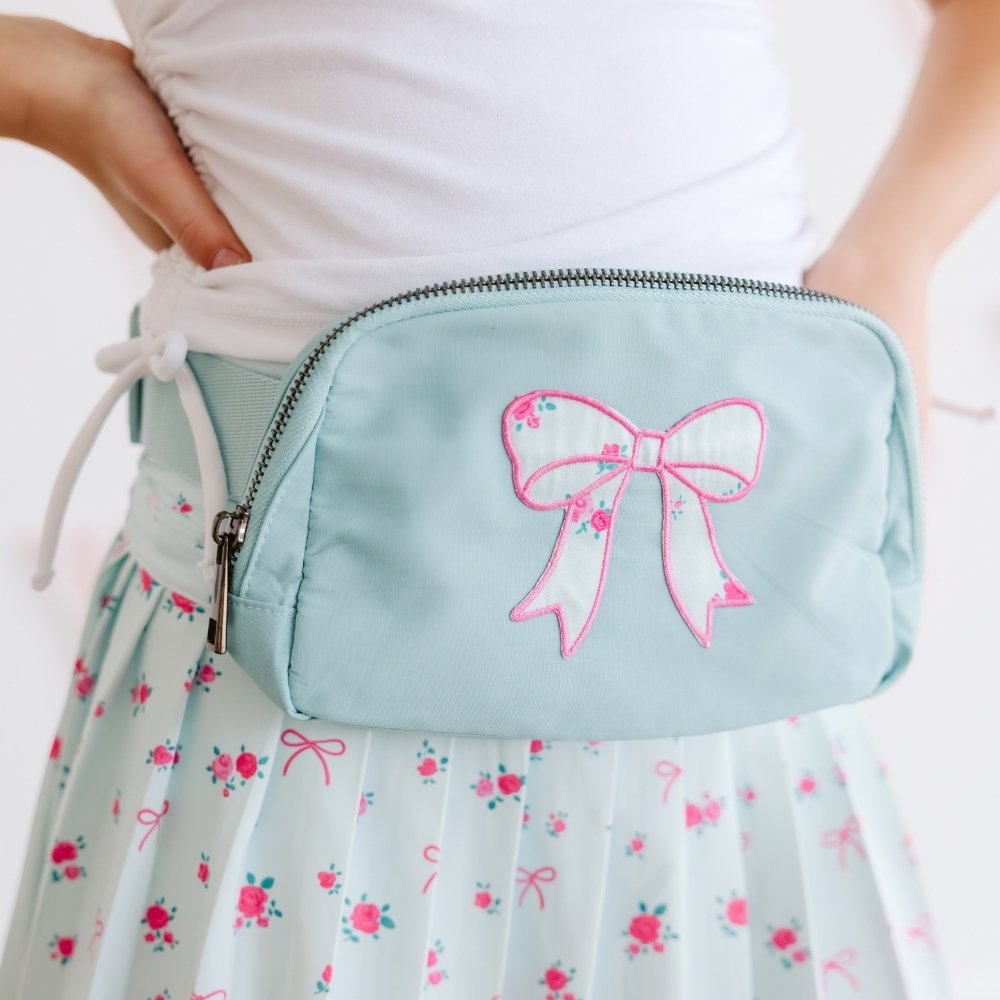 Sky Blue Floral Bow Patch Belt Bag