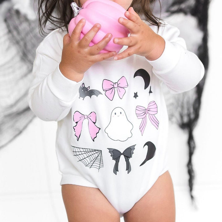 Spooky Coquette Halloween Long Sleeve Romper - White