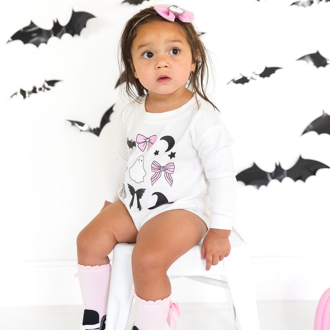 Spooky Coquette Halloween Long Sleeve Romper - White