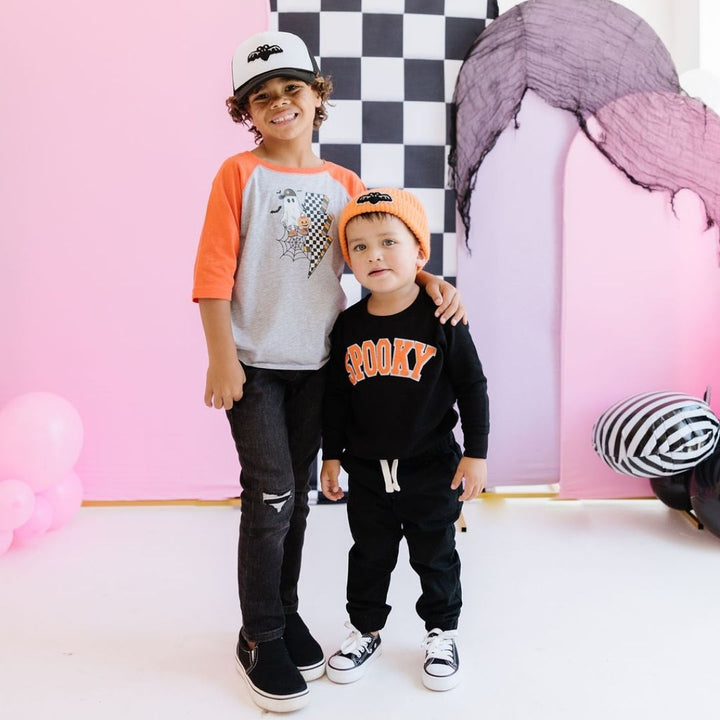Checker Ghost Halloween 3/4 Shirt - Heather/Orange
