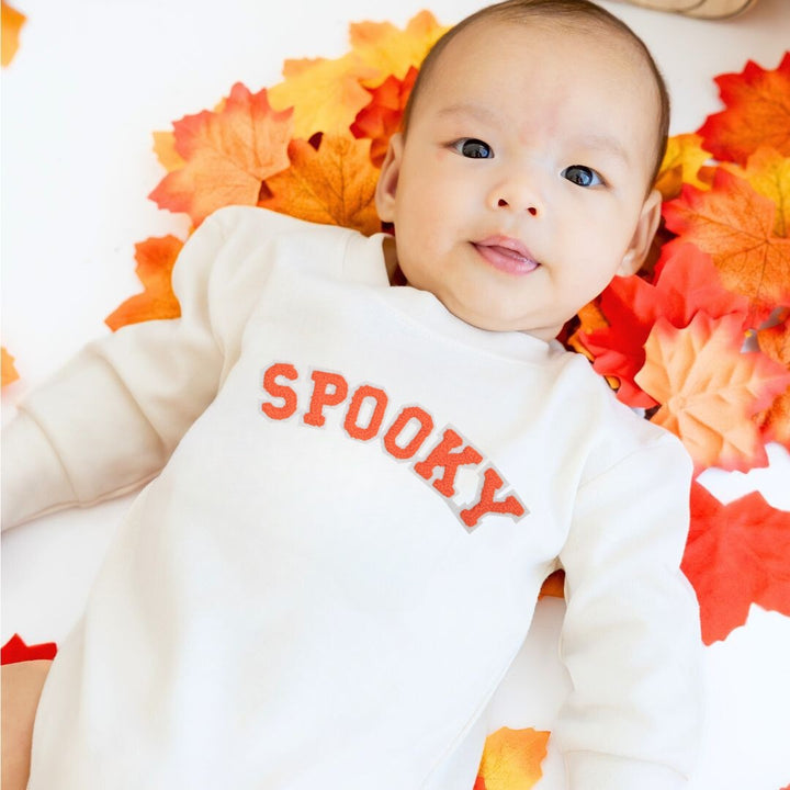 Spooky Patch Orange Halloween Long Sleeve Romper - Natural