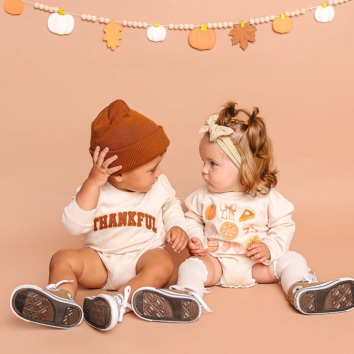 Thankful Cutie Thanksgiving Long Sleeve Romper - Natural
