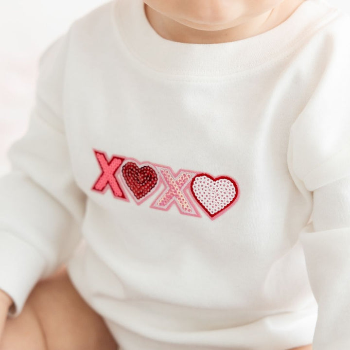 XOXO Sequin Patch Valentine's Day Long Sleeve Romper - White