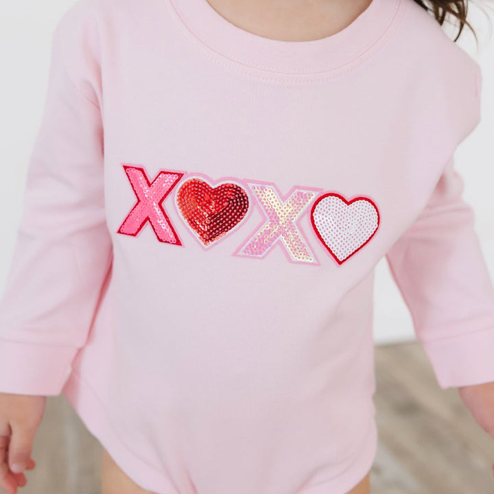 XOXO Sequin Patch Valentine's Day Long Sleeve Romper - Ballet