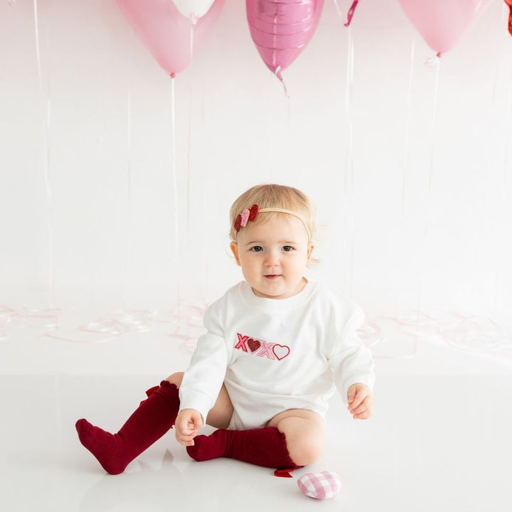 XOXO Sequin Patch Valentine's Day Long Sleeve Romper - White