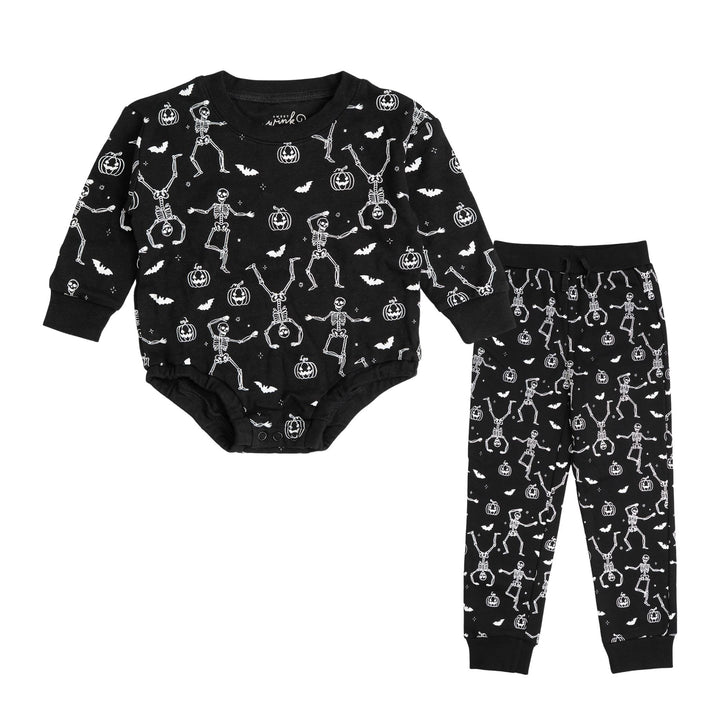 Glow In The Dark Silly Skelly Halloween Long Sleeve Romper & Jogger Set