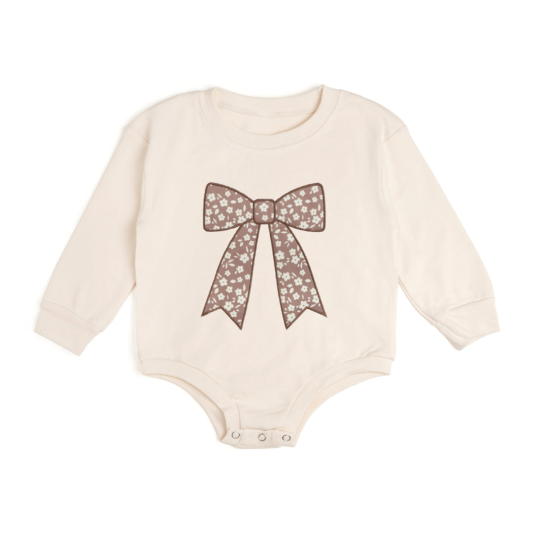 Mocha Floral Bow Patch Long Sleeve Romper