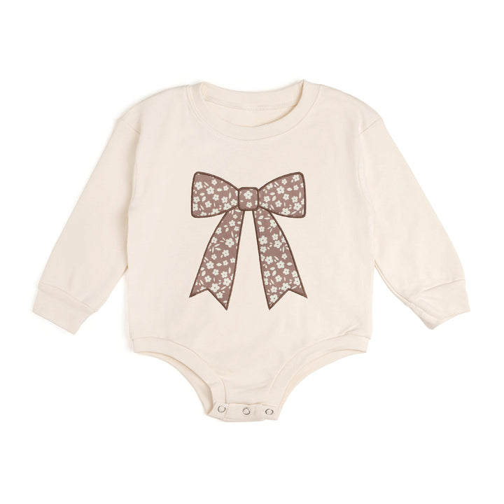 Mocha Floral Bow Patch Long Sleeve Romper