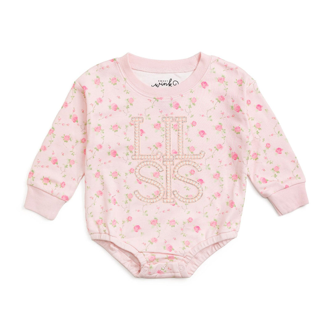 Pink Rose Lil Sis Pearl Patch Long Sleeve Romper