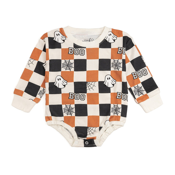 Boo Checkered Halloween Long Sleeve Romper - Natural