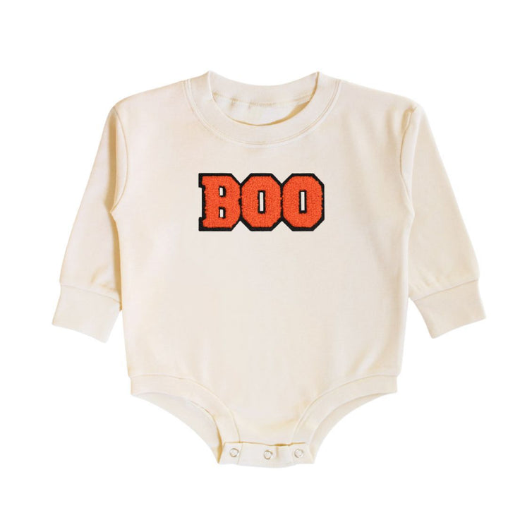 Boo Patch Halloween Long Sleeve Romper - Natural