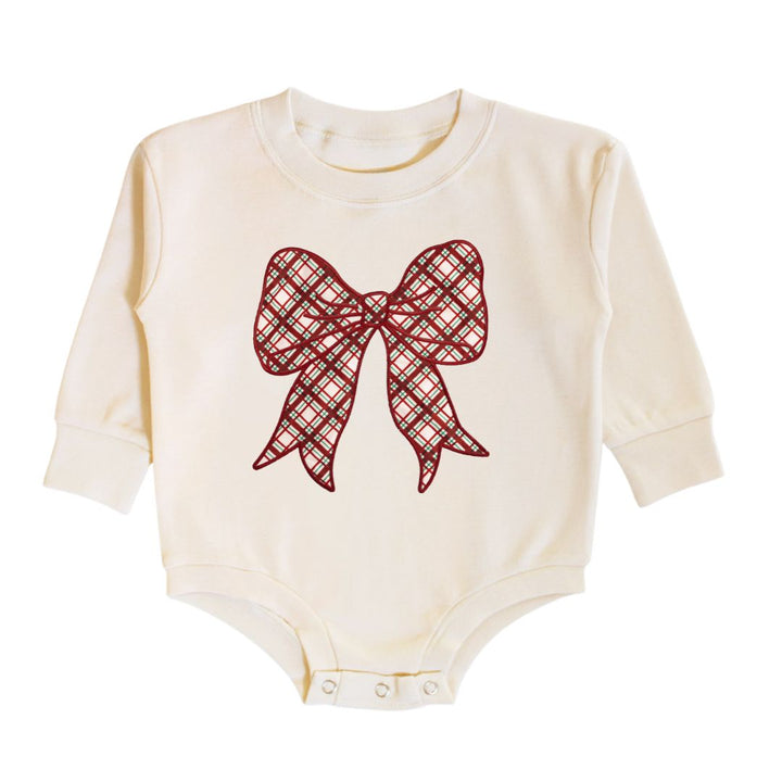 Christmas Plaid Bow Patch Long Sleeve Romper - Natural