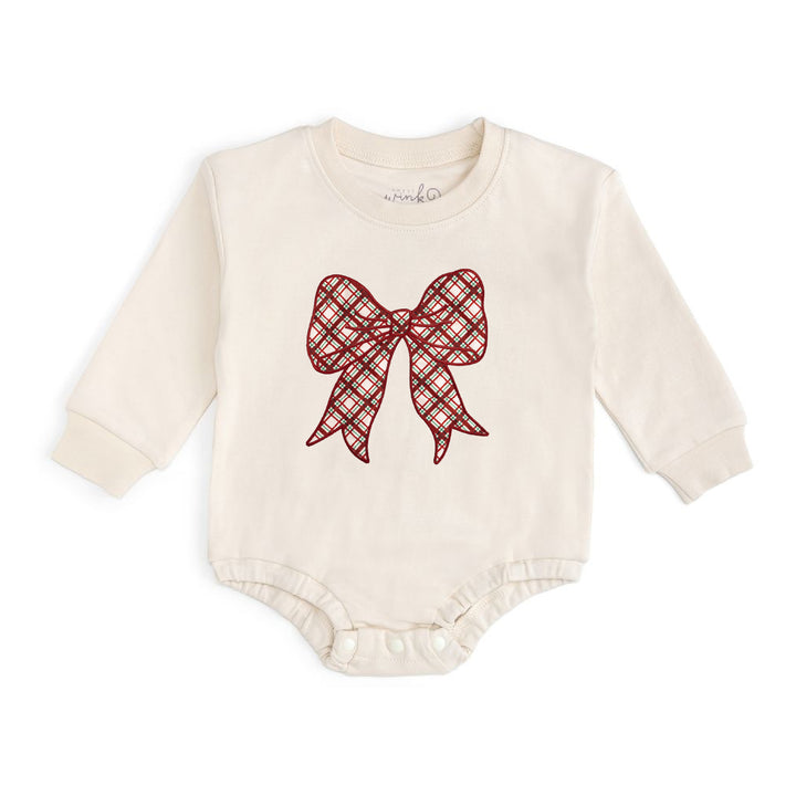Christmas Plaid Bow Patch Long Sleeve Romper