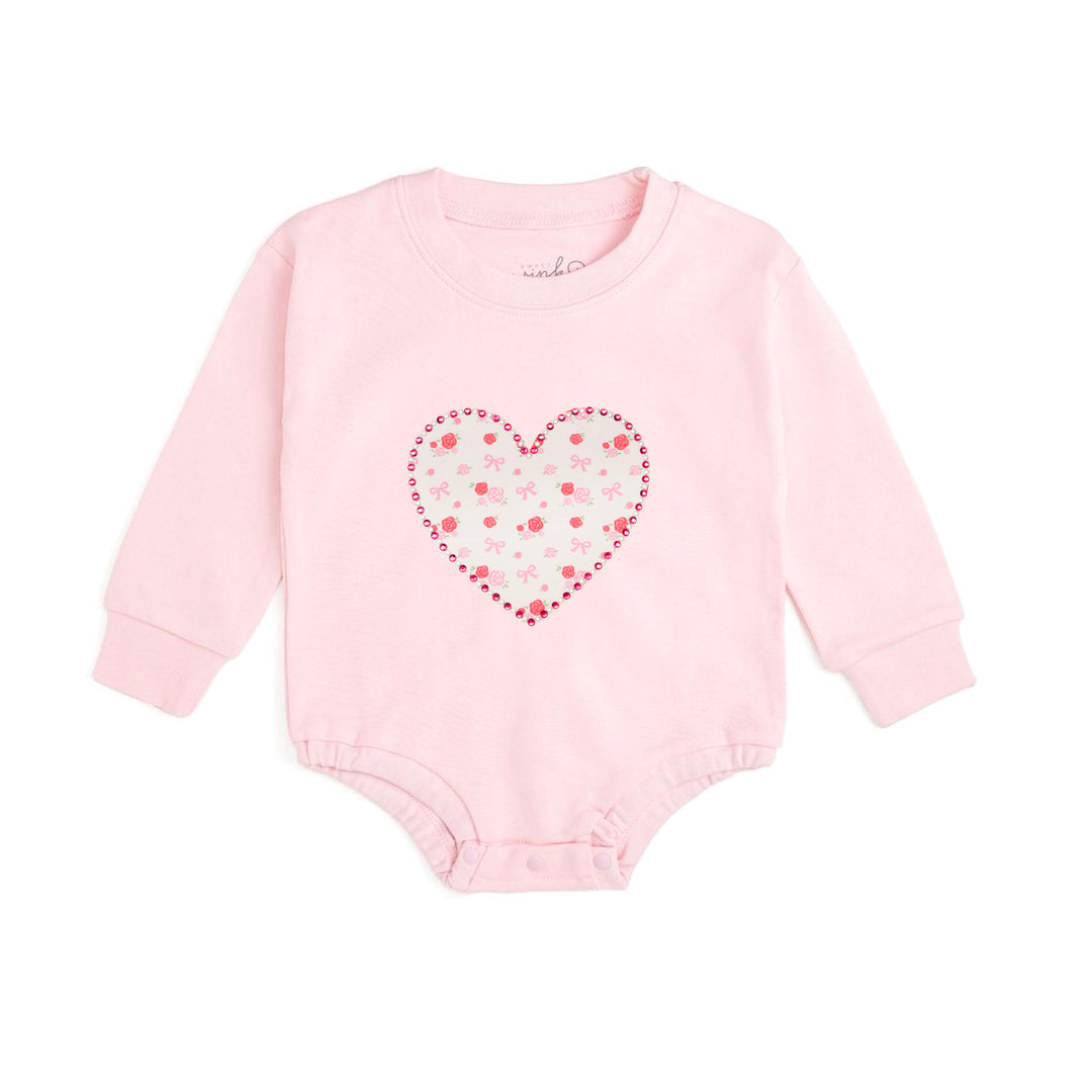 Dainty Rose Pearl Heart Patch Long Sleeve Romper