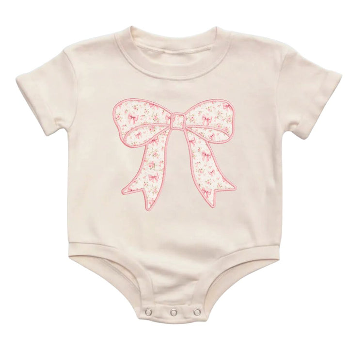 Ditsy Floral Bow Patch Short Sleeve Romper - Natural