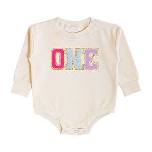 First Birthday Patch Long Sleeve Romper - Natural